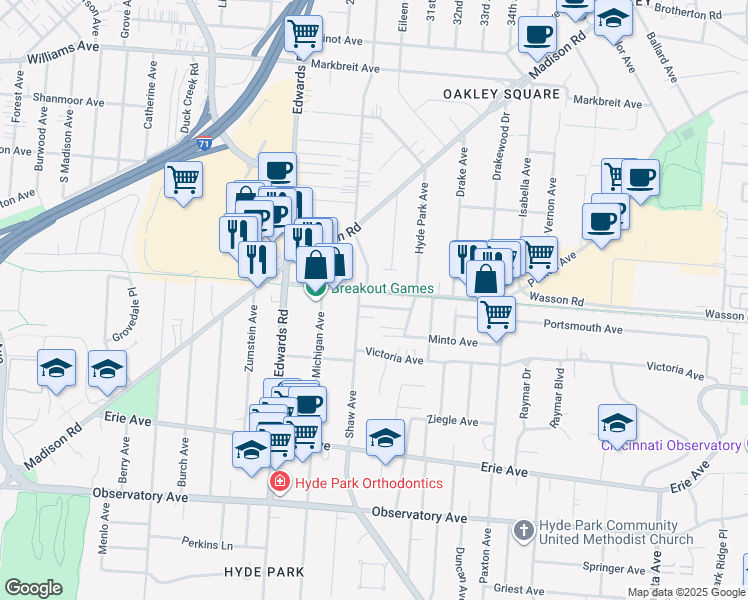 map of restaurants, bars, coffee shops, grocery stores, and more near 2812 Rosella Avenue in Cincinnati