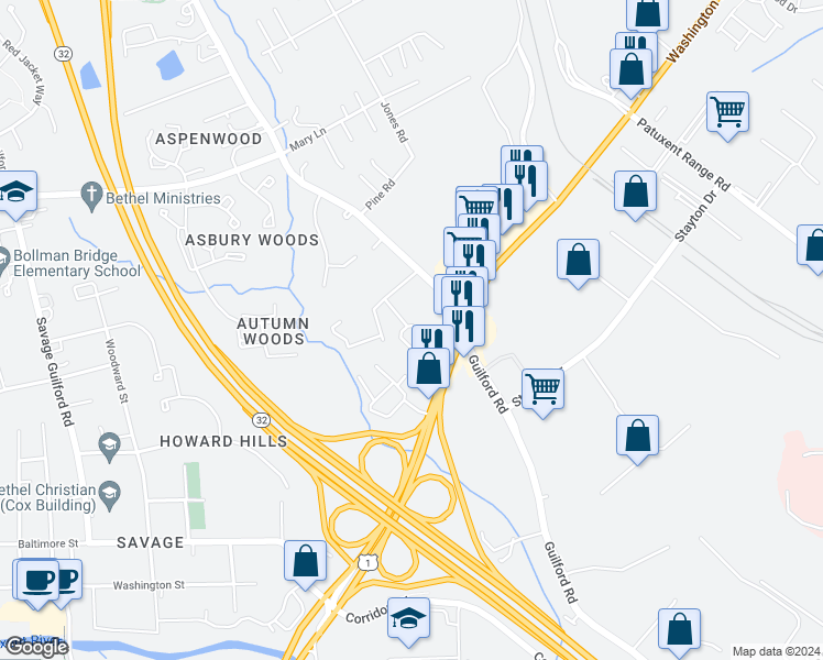 map of restaurants, bars, coffee shops, grocery stores, and more near 8249 Glen Court in Jessup