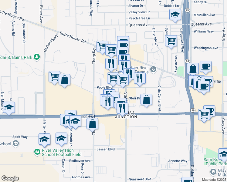 map of restaurants, bars, coffee shops, grocery stores, and more near 1633 Starr Dr in Yuba City