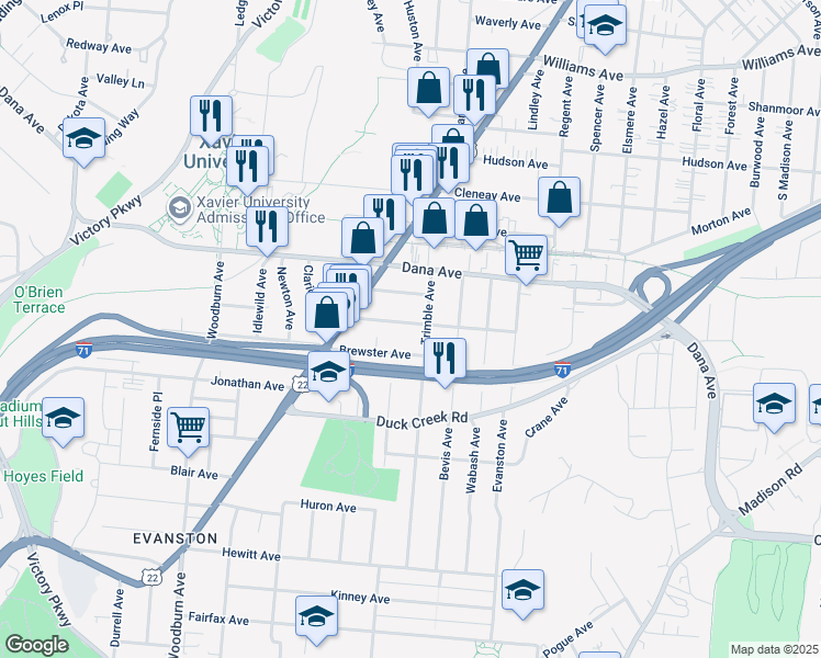 map of restaurants, bars, coffee shops, grocery stores, and more near 3567 Trimble Avenue in Cincinnati
