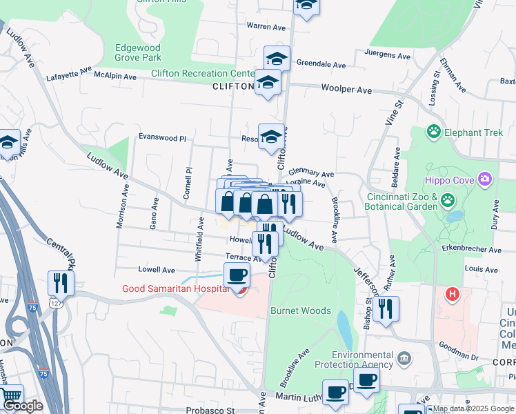 map of restaurants, bars, coffee shops, grocery stores, and more near 3408 Telford Street in Cincinnati