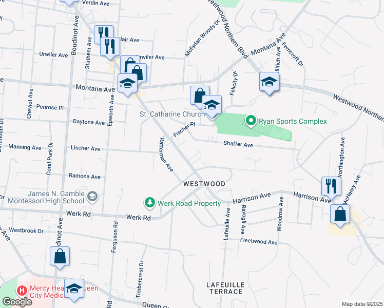 map of restaurants, bars, coffee shops, grocery stores, and more near 2859 Harrison Avenue in Cincinnati