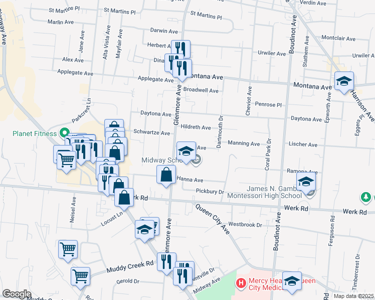 map of restaurants, bars, coffee shops, grocery stores, and more near 3315 Renfro Avenue in Cincinnati