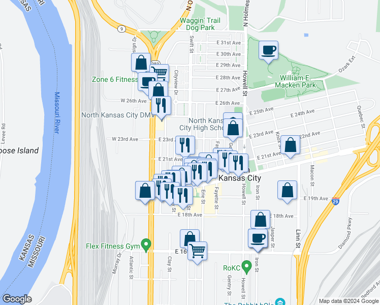 map of restaurants, bars, coffee shops, grocery stores, and more near 2100 Erie Street in North Kansas City