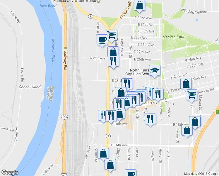 map of restaurants, bars, coffee shops, grocery stores, and more near 2105 Burlington St in North Kansas City