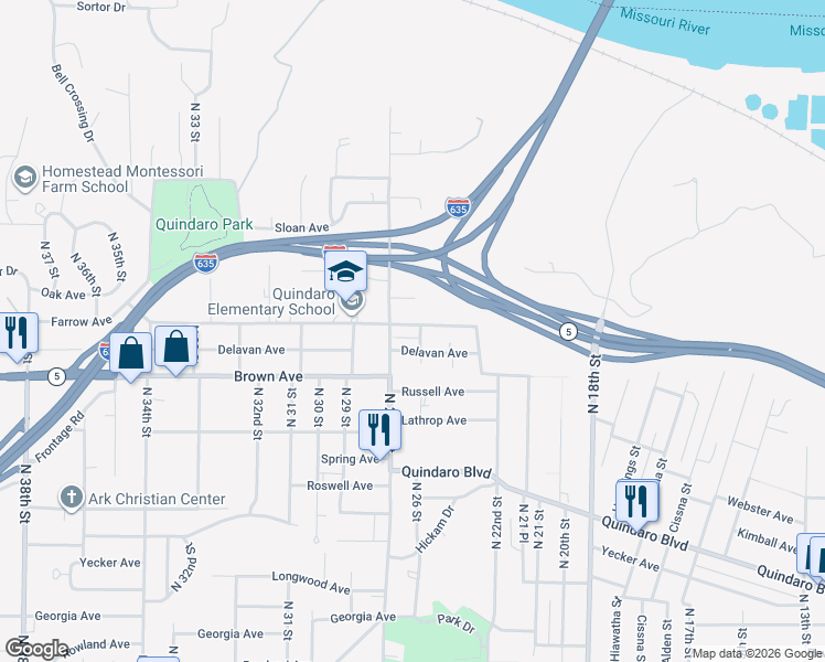 map of restaurants, bars, coffee shops, grocery stores, and more near 2636 Delavan Avenue in Kansas City