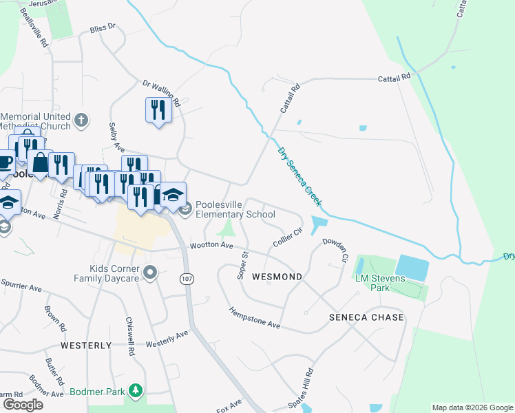 map of restaurants, bars, coffee shops, grocery stores, and more near 19236 Walters Avenue in Poolesville