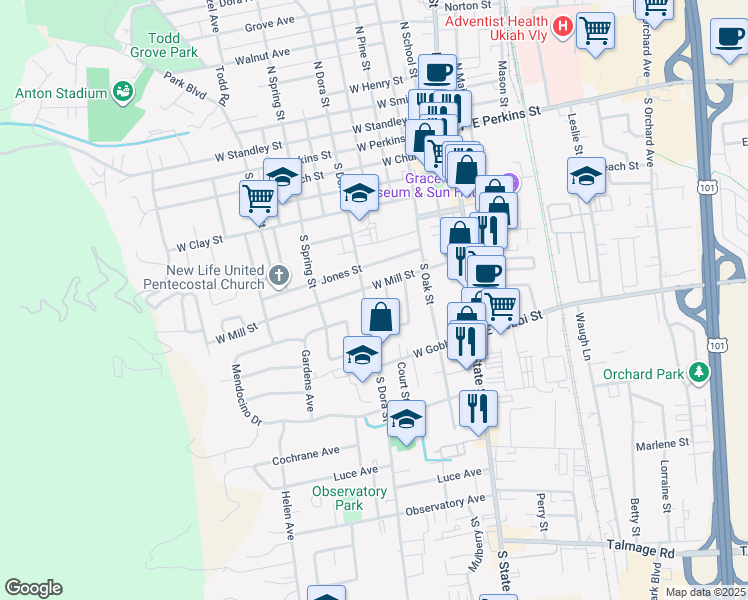 map of restaurants, bars, coffee shops, grocery stores, and more near 721 South Dora Street in Ukiah