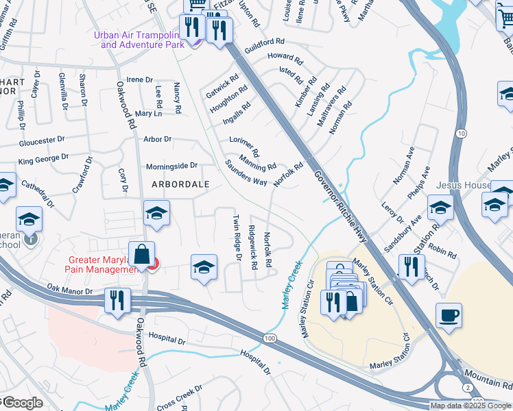 map of restaurants, bars, coffee shops, grocery stores, and more near Baltimore and Annapolis Trail in Glen Burnie