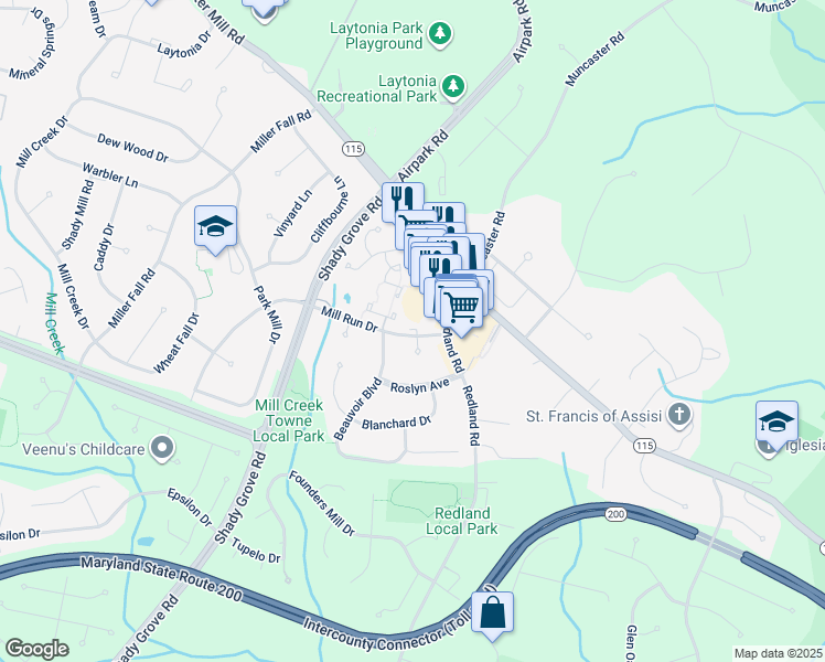 map of restaurants, bars, coffee shops, grocery stores, and more near 7157 Mill Run Drive in Rockville