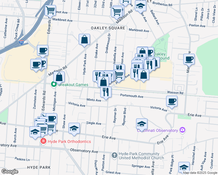 map of restaurants, bars, coffee shops, grocery stores, and more near Paxton Ave & Wasson Rd in Cincinnati
