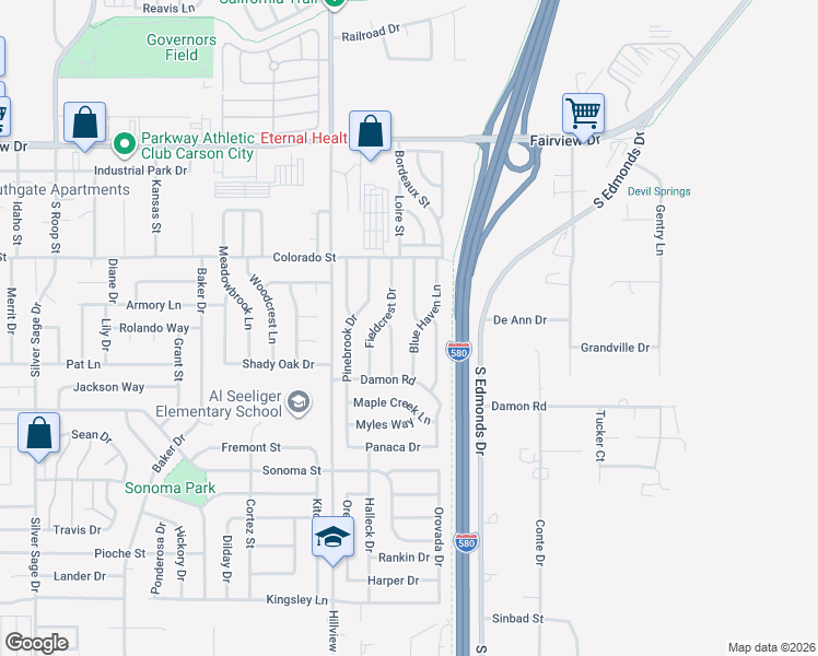 map of restaurants, bars, coffee shops, grocery stores, and more near 2544 Blue Haven Lane in Carson City