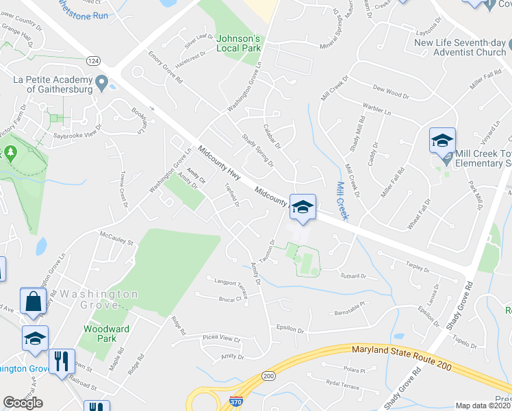map of restaurants, bars, coffee shops, grocery stores, and more near 8105 Fallow Drive in Gaithersburg