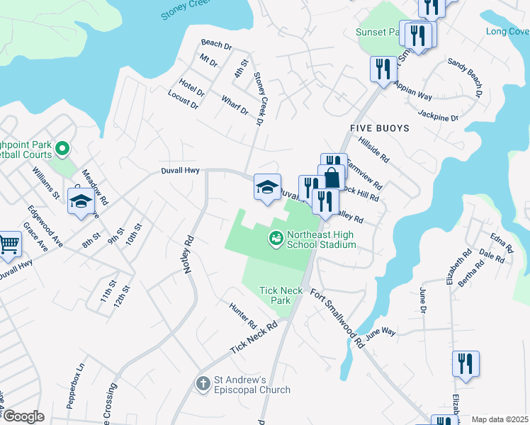 map of restaurants, bars, coffee shops, grocery stores, and more near 1121 Duvall Highway in Pasadena