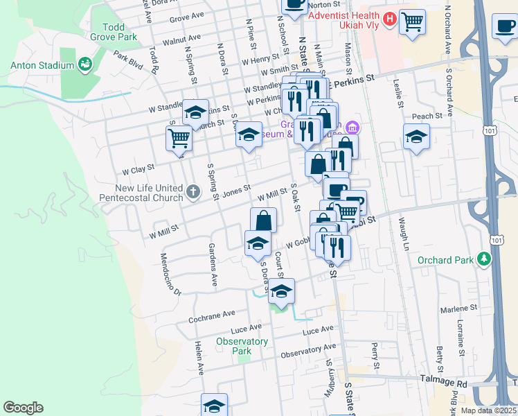map of restaurants, bars, coffee shops, grocery stores, and more near 721 South Dora Street in Ukiah