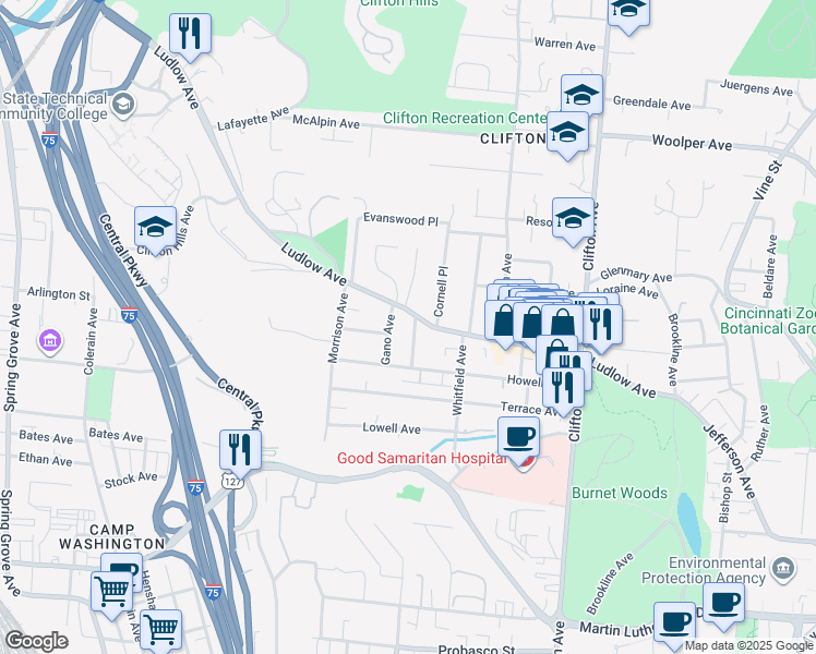 map of restaurants, bars, coffee shops, grocery stores, and more near 3344 Gano Avenue in Cincinnati