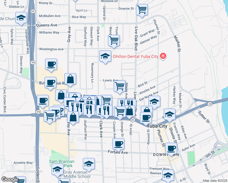 map of restaurants, bars, coffee shops, grocery stores, and more near 608 Bird Street in Yuba City