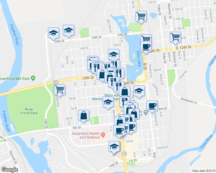 map of restaurants, bars, coffee shops, grocery stores, and more near 822 F Street in Marysville