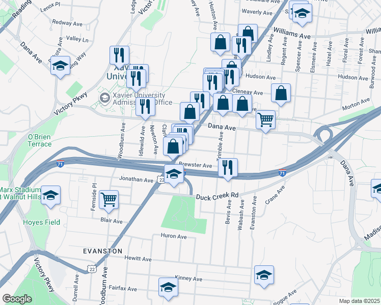 map of restaurants, bars, coffee shops, grocery stores, and more near 1812 Brewster Avenue in Cincinnati