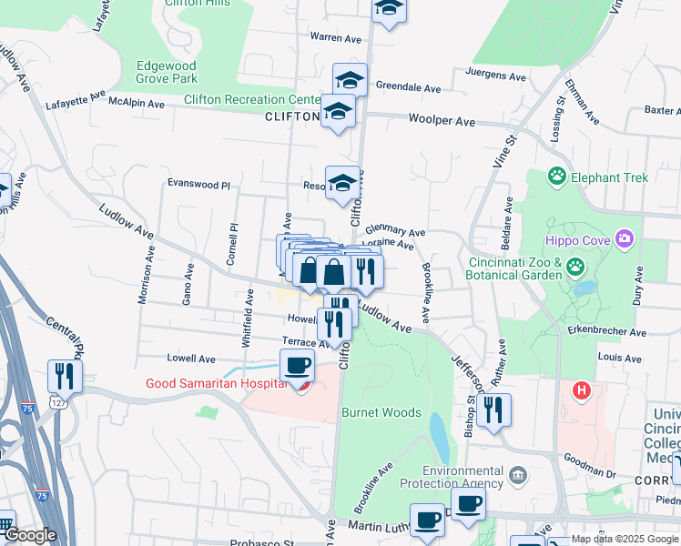 map of restaurants, bars, coffee shops, grocery stores, and more near 3410 Clifton Avenue in Cincinnati