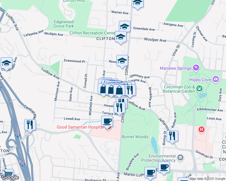map of restaurants, bars, coffee shops, grocery stores, and more near 3408 Telford Street in Cincinnati