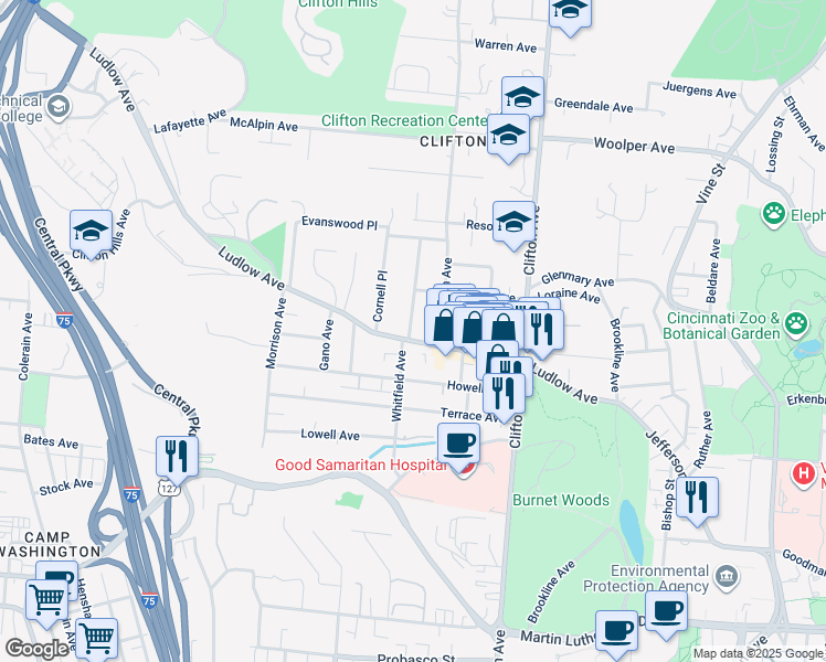 map of restaurants, bars, coffee shops, grocery stores, and more near 423 Ludlow Avenue in Cincinnati