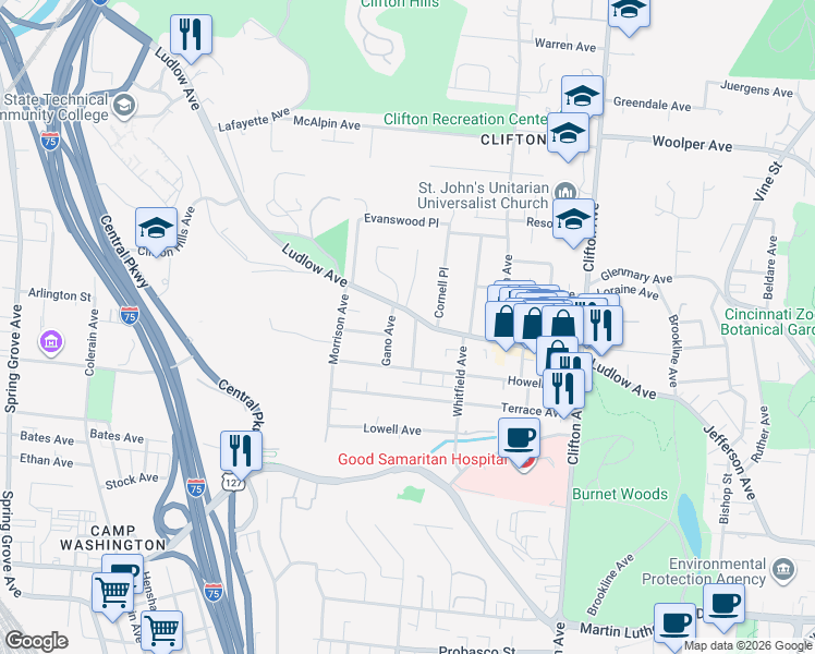 map of restaurants, bars, coffee shops, grocery stores, and more near 3344 Gano Avenue in Cincinnati