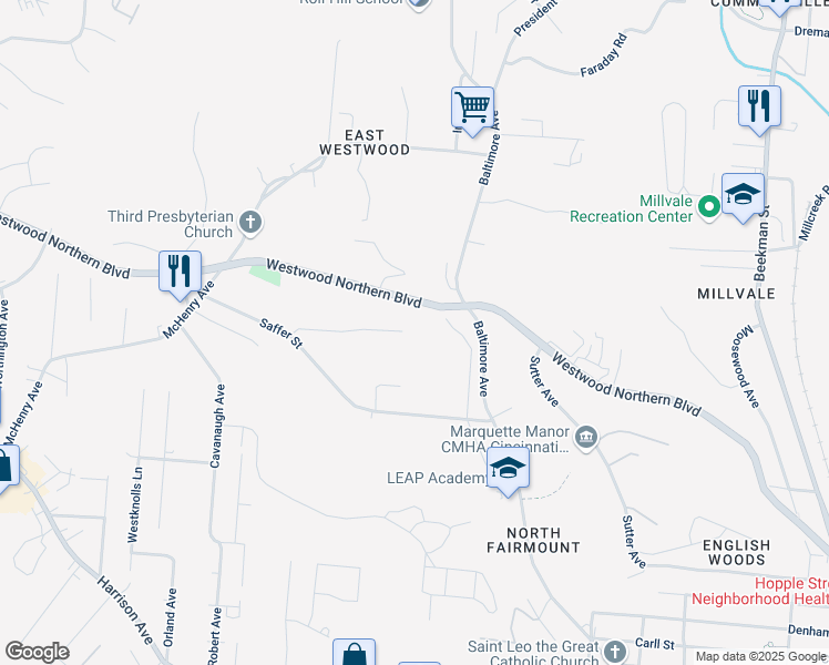 map of restaurants, bars, coffee shops, grocery stores, and more near 3403 Ninann Court in Cincinnati