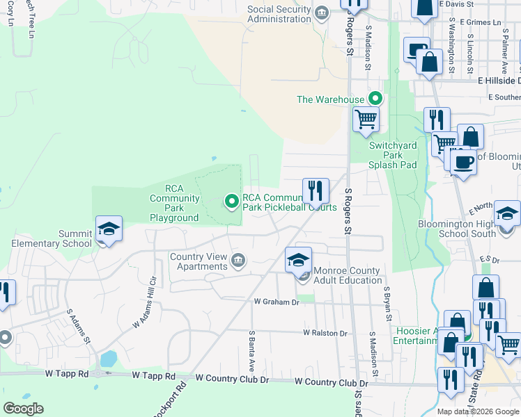 map of restaurants, bars, coffee shops, grocery stores, and more near 901 West Cardinal Court in Bloomington