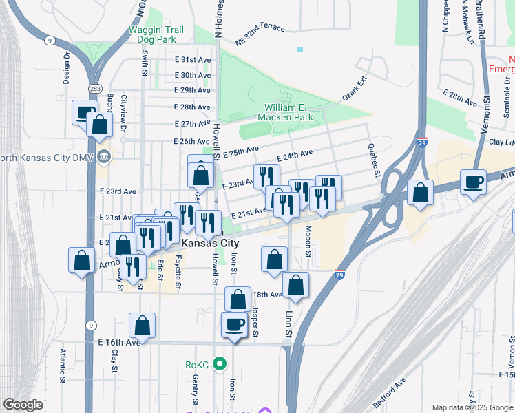 map of restaurants, bars, coffee shops, grocery stores, and more near 817 East 21st Avenue in North Kansas City
