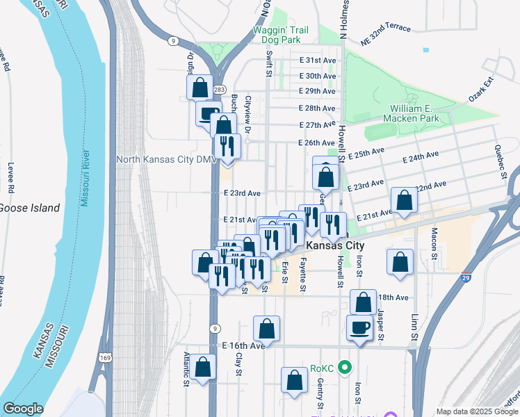 map of restaurants, bars, coffee shops, grocery stores, and more near 2105 Clay Street in North Kansas City