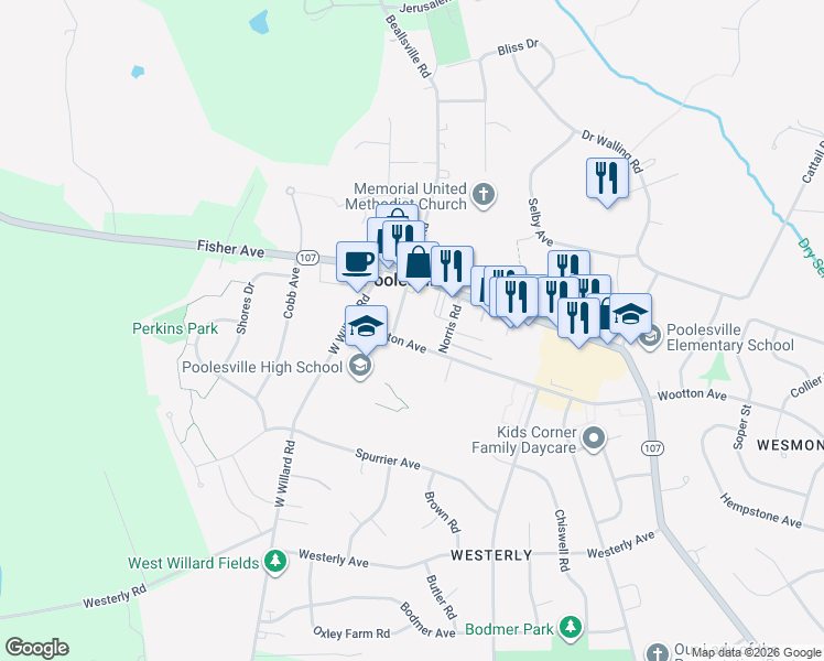 map of restaurants, bars, coffee shops, grocery stores, and more near 19929 Wootton Avenue in Poolesville