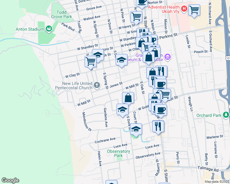 map of restaurants, bars, coffee shops, grocery stores, and more near West Mill Street in Ukiah