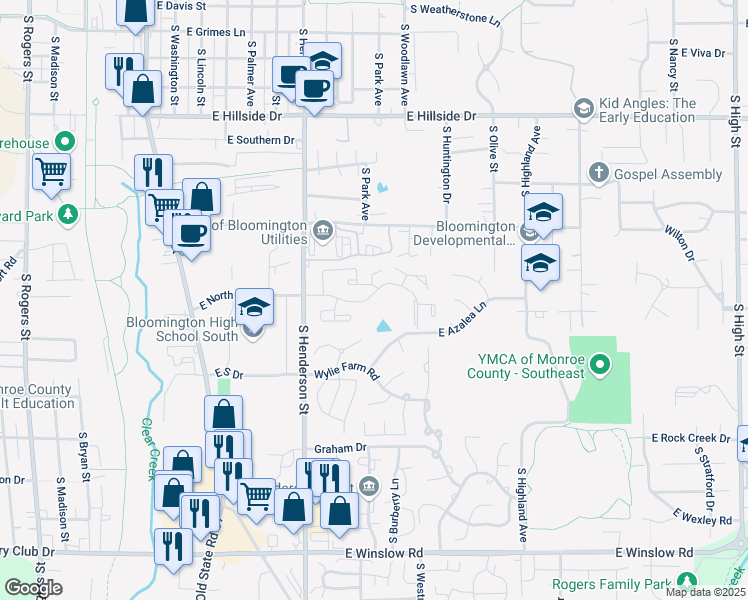 map of restaurants, bars, coffee shops, grocery stores, and more near 701 East Summit View Place in Bloomington
