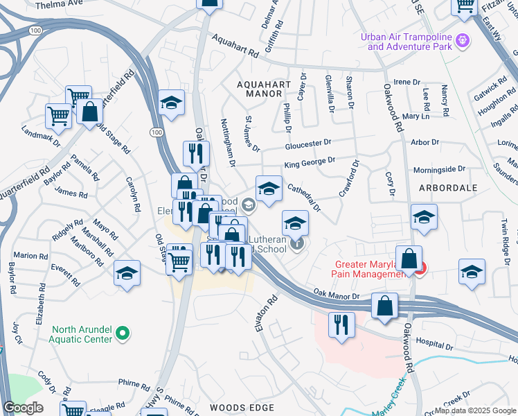 map of restaurants, bars, coffee shops, grocery stores, and more near 330 Oak Manor Drive in Glen Burnie
