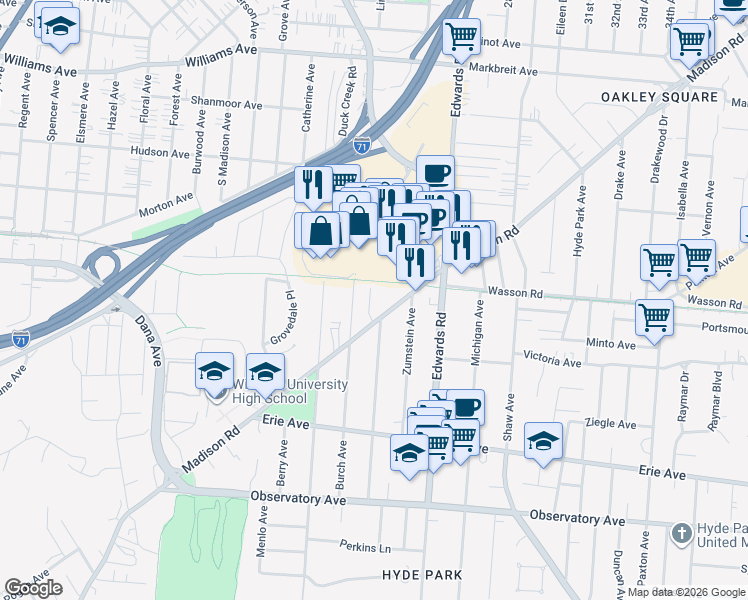 map of restaurants, bars, coffee shops, grocery stores, and more near 2630 Madison Road in Cincinnati