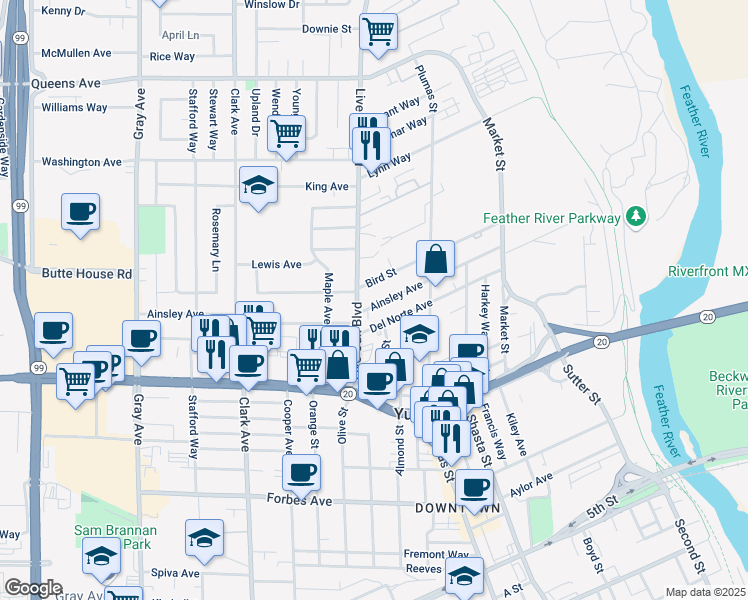 map of restaurants, bars, coffee shops, grocery stores, and more near 469 Ainsley Avenue in Yuba City