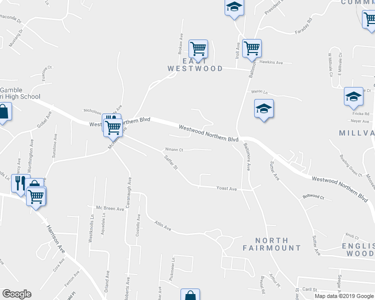 map of restaurants, bars, coffee shops, grocery stores, and more near 3403 Ninann Ct in Cincinnati