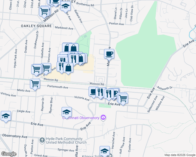 map of restaurants, bars, coffee shops, grocery stores, and more near 3356 Marburg Square Lane in Cincinnati