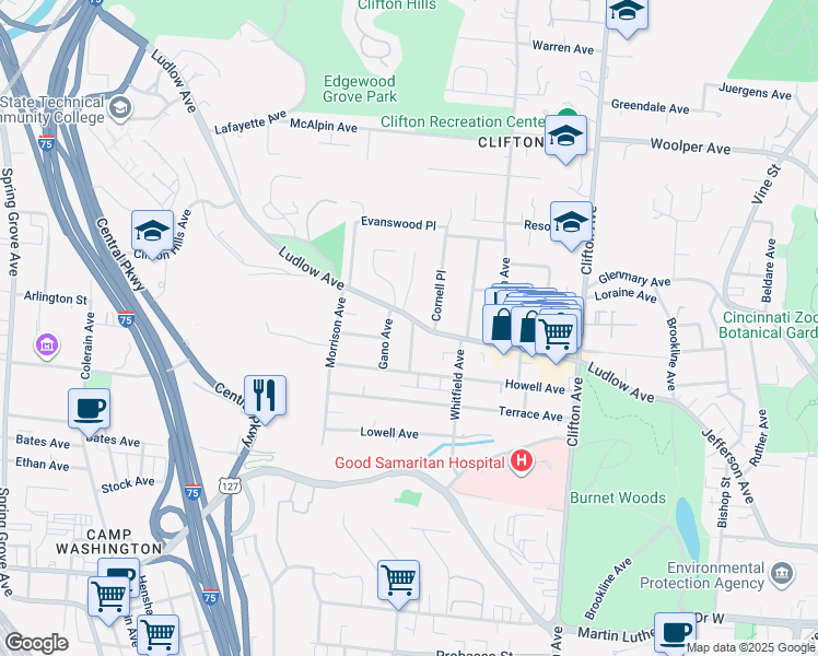 map of restaurants, bars, coffee shops, grocery stores, and more near 515 Ludlow Avenue in Cincinnati