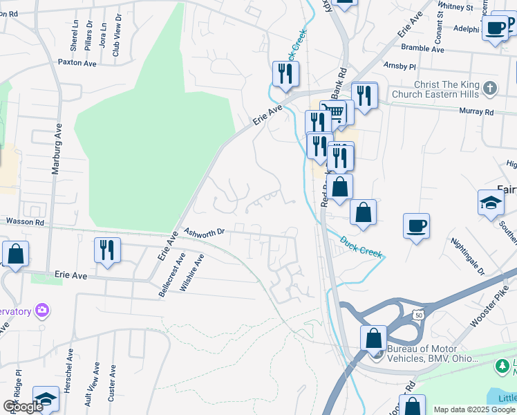 map of restaurants, bars, coffee shops, grocery stores, and more near 16 Forest Hills Drive in Cincinnati