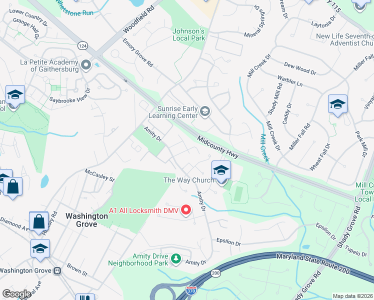 map of restaurants, bars, coffee shops, grocery stores, and more near 17621 Topfield Drive in Gaithersburg