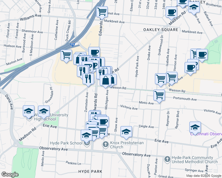 map of restaurants, bars, coffee shops, grocery stores, and more near 3646 Michigan Avenue in Cincinnati