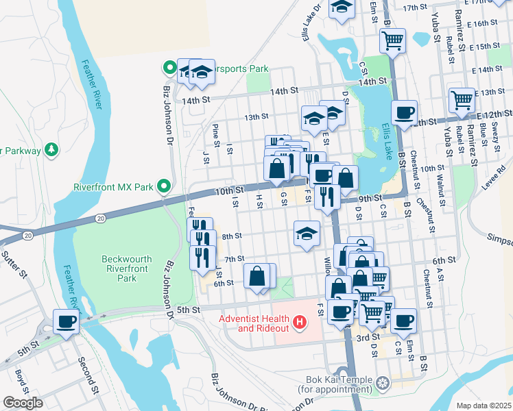 map of restaurants, bars, coffee shops, grocery stores, and more near 828 H Street in Marysville