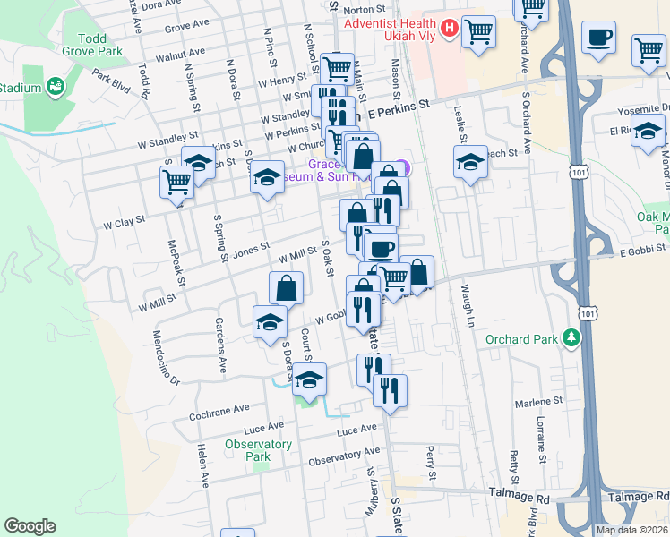 map of restaurants, bars, coffee shops, grocery stores, and more near 744 South Oak Street in Ukiah