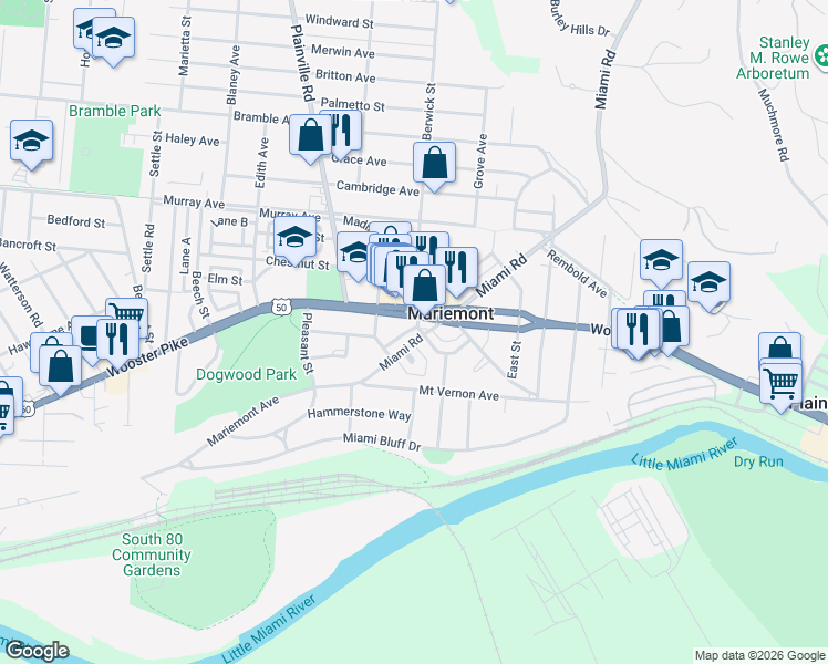 map of restaurants, bars, coffee shops, grocery stores, and more near 3814 Miami Road in Cincinnati