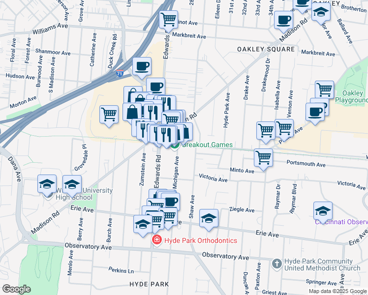 map of restaurants, bars, coffee shops, grocery stores, and more near 3646 Michigan Avenue in Cincinnati