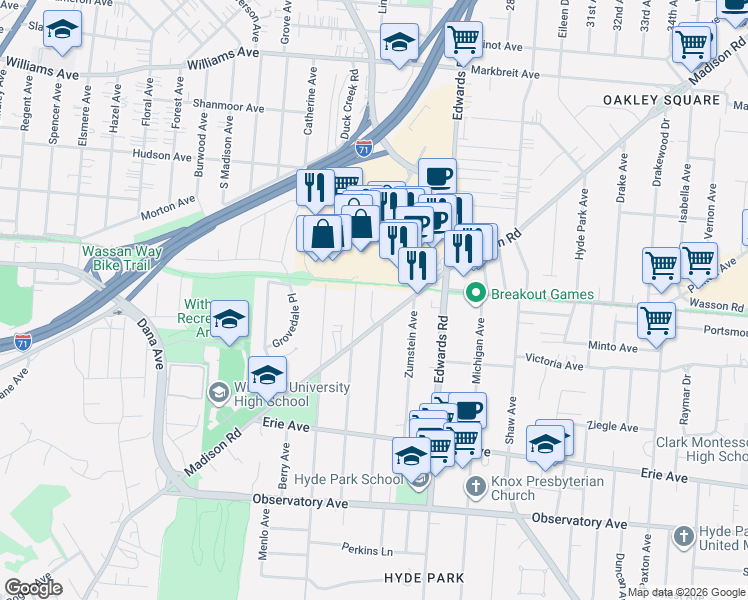 map of restaurants, bars, coffee shops, grocery stores, and more near in Cincinnati