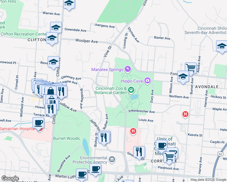 map of restaurants, bars, coffee shops, grocery stores, and more near 3465 Vine Street in Cincinnati