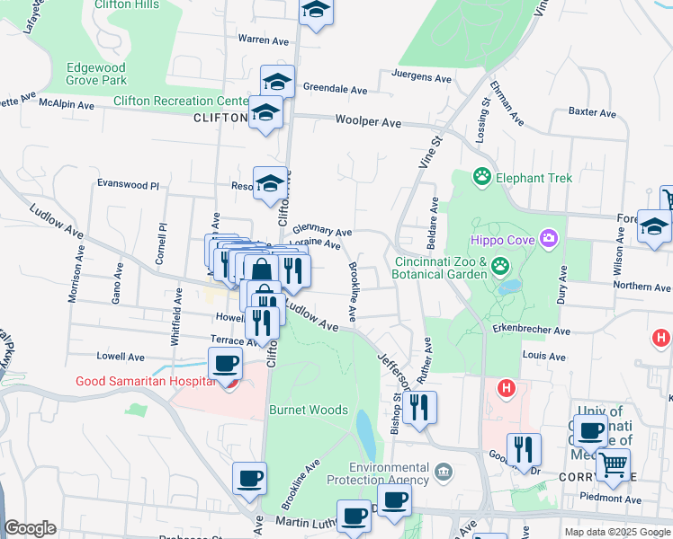 map of restaurants, bars, coffee shops, grocery stores, and more near 218 Hosea Avenue in Cincinnati